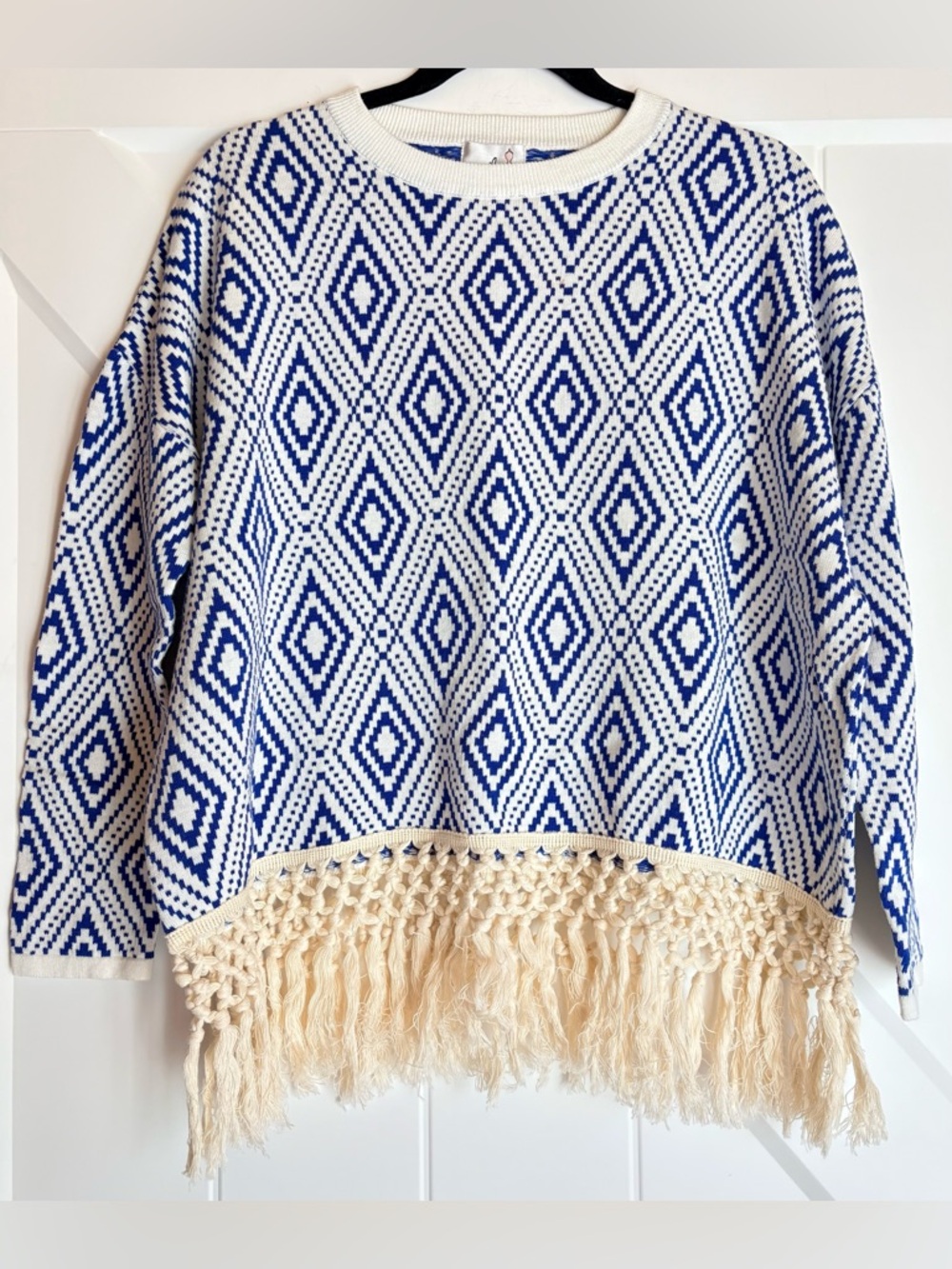 Blue White Geometric Fringe Sweater Boho April Marin L